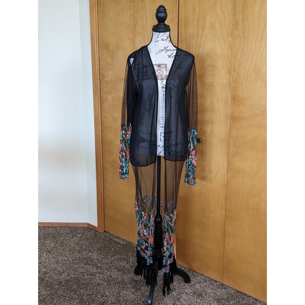 Black Mesh Floral Embroidered Fringe Duster Cardigan Kimono Large Boho Sheer
